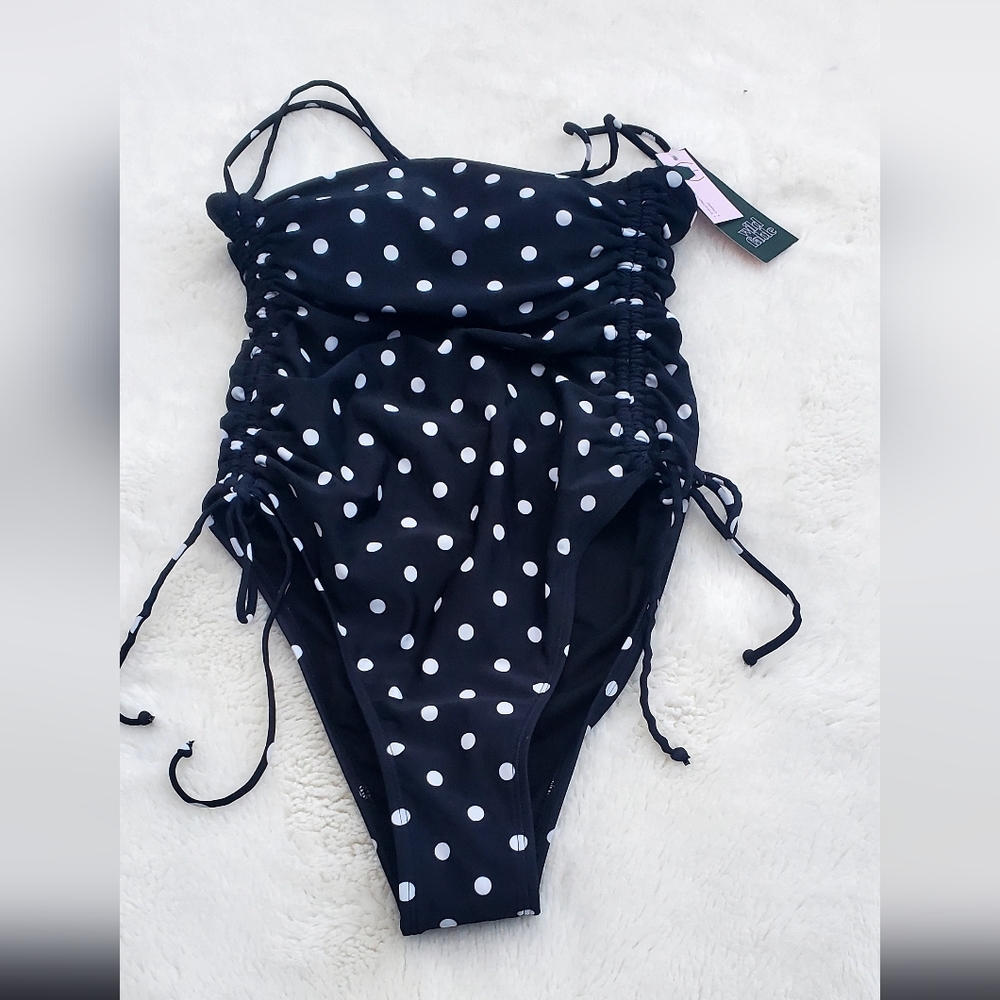 Girls Black & White Polka Dot One-Piece Swimsuit with Side Ties Size XS